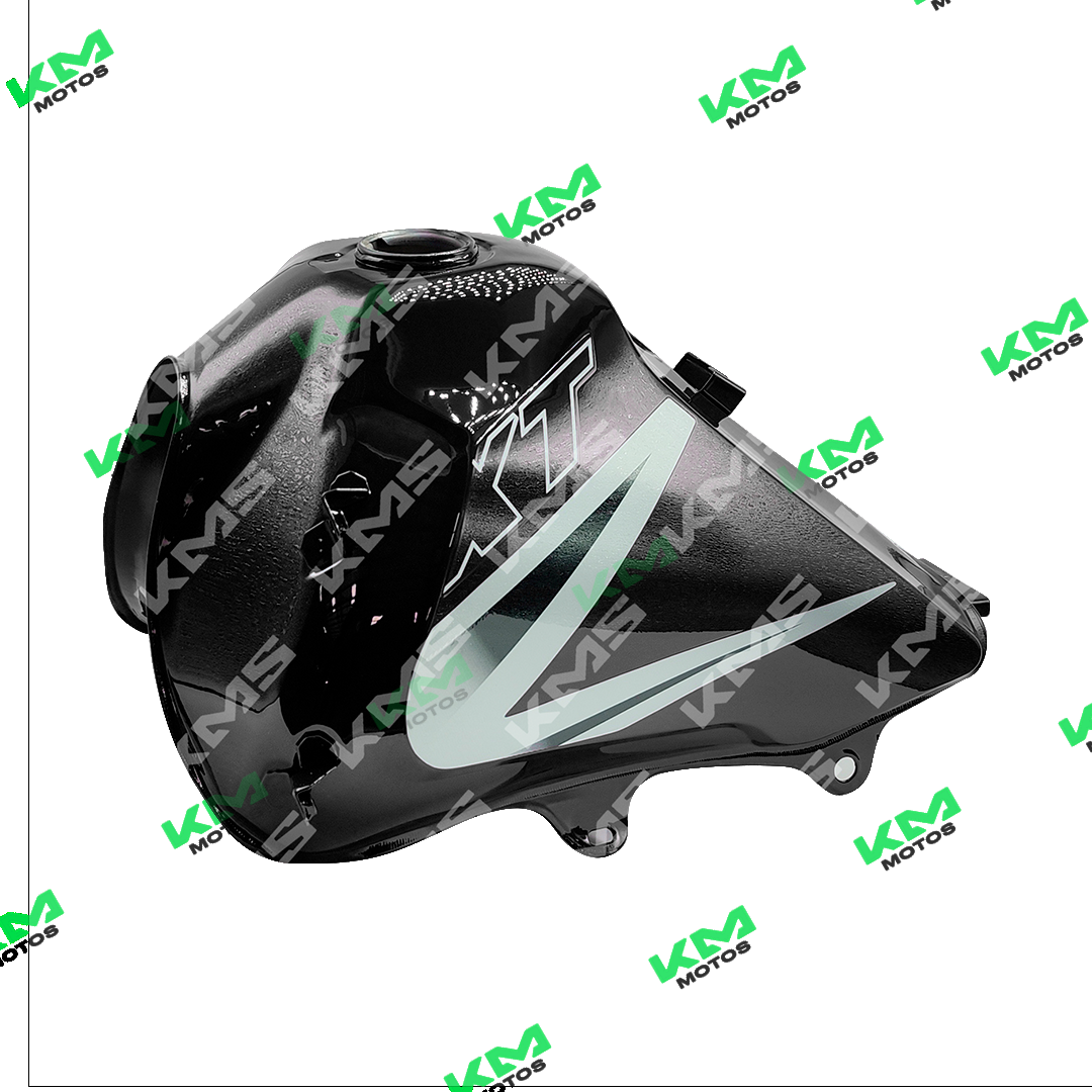 Tanque de motocicleta KM Motos GXT200 negro, vista frontal mostrando detalles y acabado en color negro para motocicleta.