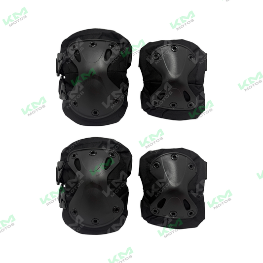 Rodilleras y coderas KMS de KM Motos, protección deportiva para rodillas y codos, en color negro con detalles resistentes