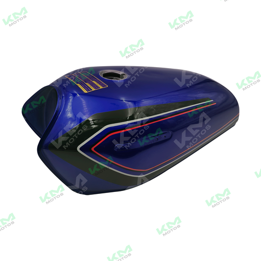 Tanque de motocicleta azul para CG125, FT125 y KB125 de la marca KM Motos, visible en la imagen con detalles del color y forma.