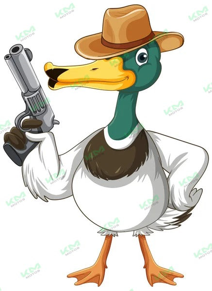 Pato viajero de caricatura con pistola para timón, accesorios de KM Motos, figura divertida y colorida para decoración.