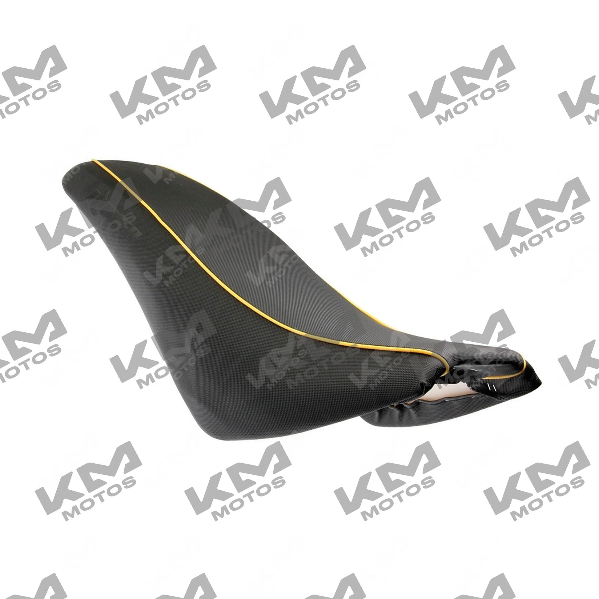 Asiento negro con línea amarilla para motocicleta KM Motos modelo DM150, vista superior con detalles de costura.