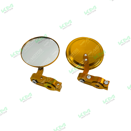 Conjunto de retrovisores redondos de contrapesa dorados para motocicleta, marca KM Motos, en imagen.