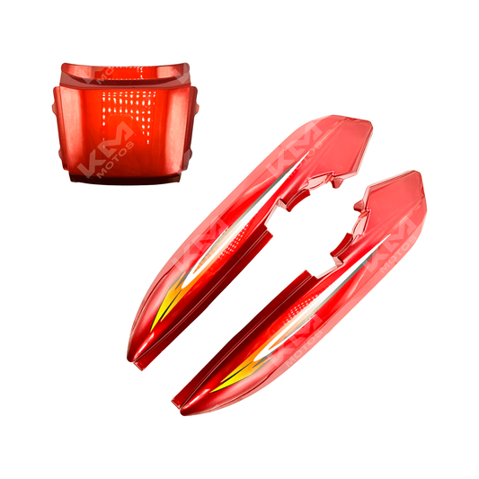 Cadena de bicicleta KM Motos COLA HJ125-7 roja completa con eslabones y engranajes visibles en la imagen.
