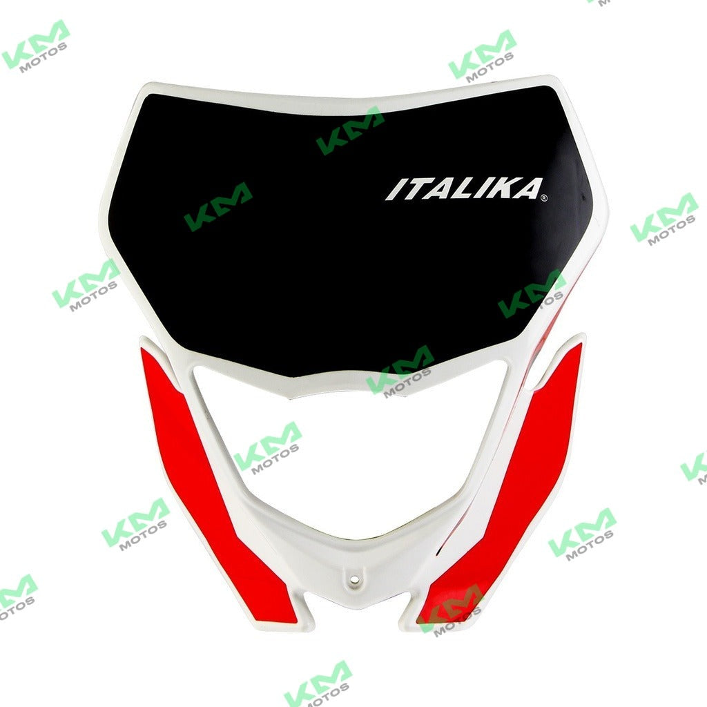 Cubierta frontal para sistema de chasis DM125 de Italika, parte original F13012607, en color negro.