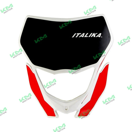 Cubierta frontal para sistema de chasis DM125 de Italika, parte original F13012607, en color negro.