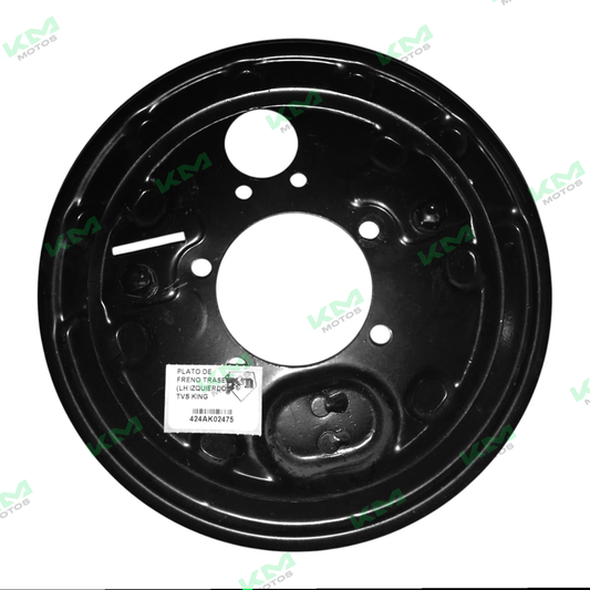 Plato de freno trasero izquierdo para mototaxi Tvs King, marca Universal, mostrado en la imagen.