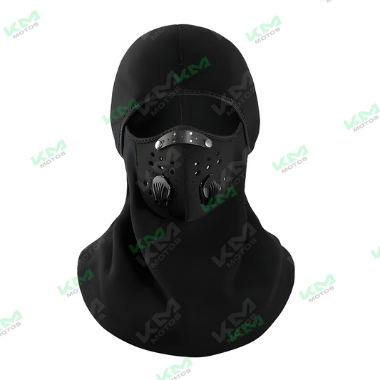 Gorro pasamontañas negro de tela, cubre cabeza y cuello, ideal para frío y actividades al aire libre.