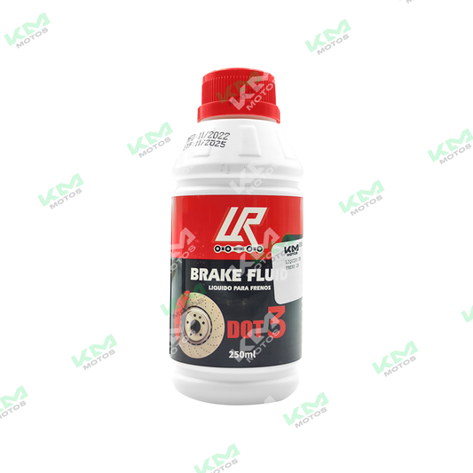 Líquido de freno LR en envase, aditivo para sistema de frenos, líquido de alta calidad para vehículos.