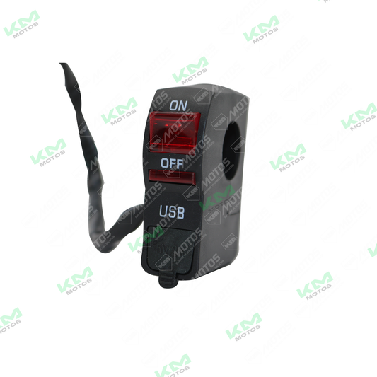 Interruptor de abrazadera y cargador USB Universal, accesorios eléctricos con botón de encendido y puerto USB visible.