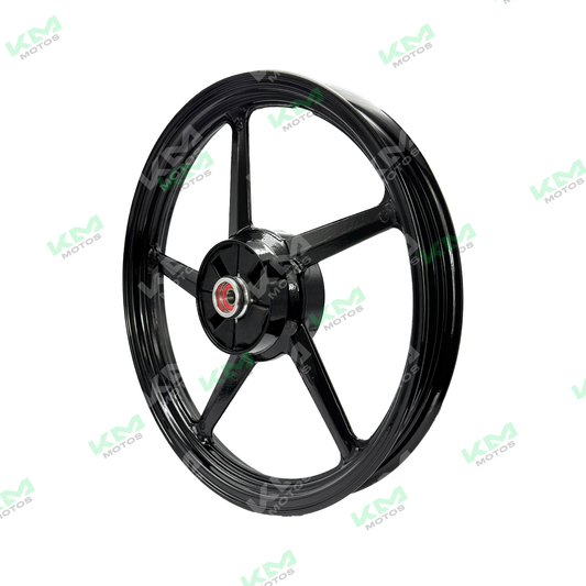 Rin trasero YBR con 5 aspas, accesorio para motocicleta, en acabado metálico brillante, visible en la imagen.