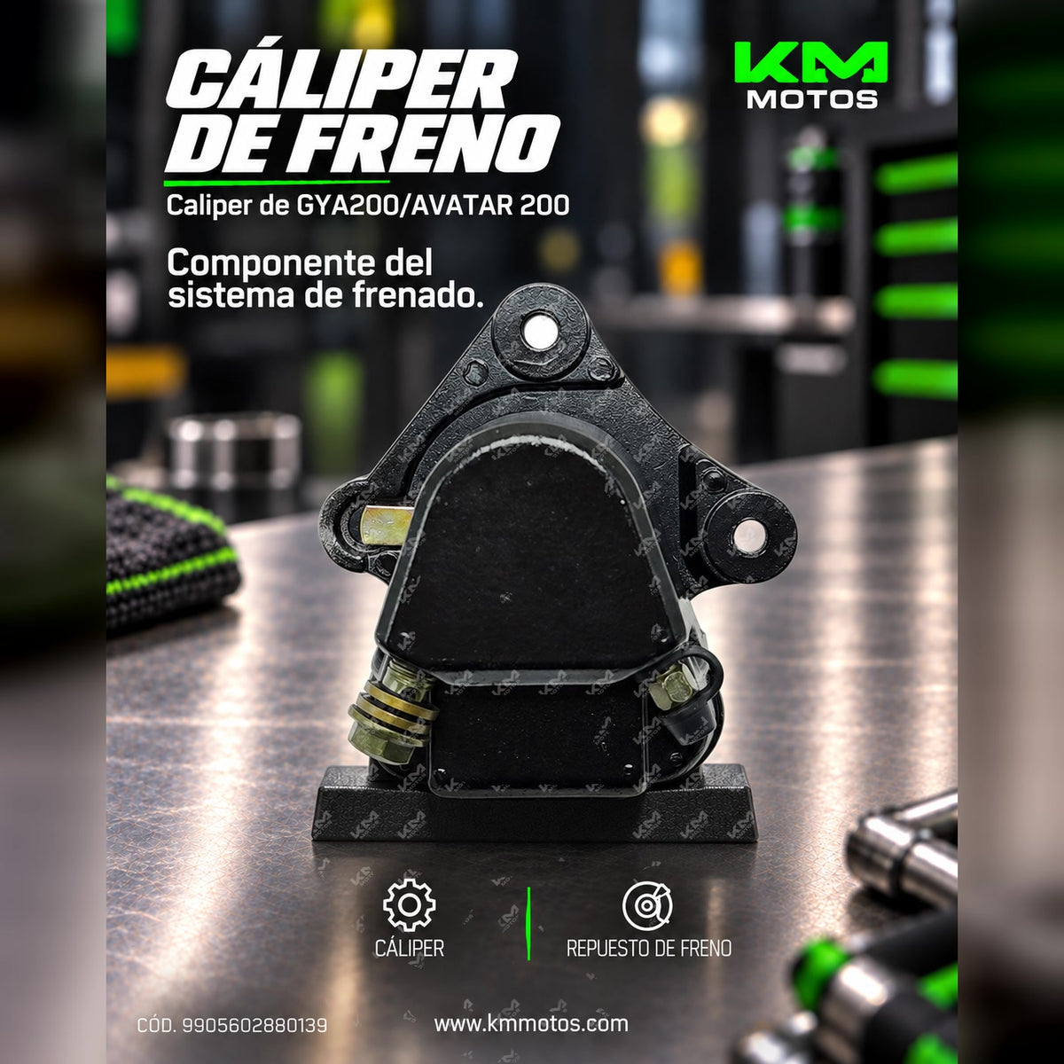 Caliper delantero GYA200/AVATAR 200 de la marca Universal, vista en imagen, para frenos de motocicleta.