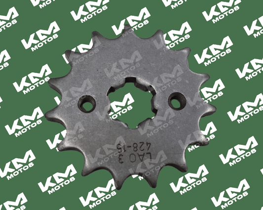 Engranaje delantero para moto Gixxer 150, modelo 428-15, en color metálico, muestra los dientes y estructura del piñón.