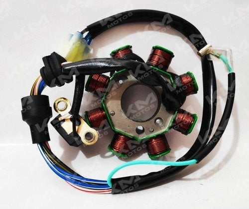 Bobina de magneto Hanzo para Pulsar 135, Discover 125, Discover 100 y Platina 125, vista de la bobina con componentes metálicos