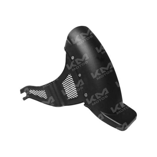 Guardafangos universal para motocicleta, protección negra de plástico resistente, mostrado en la imagen.