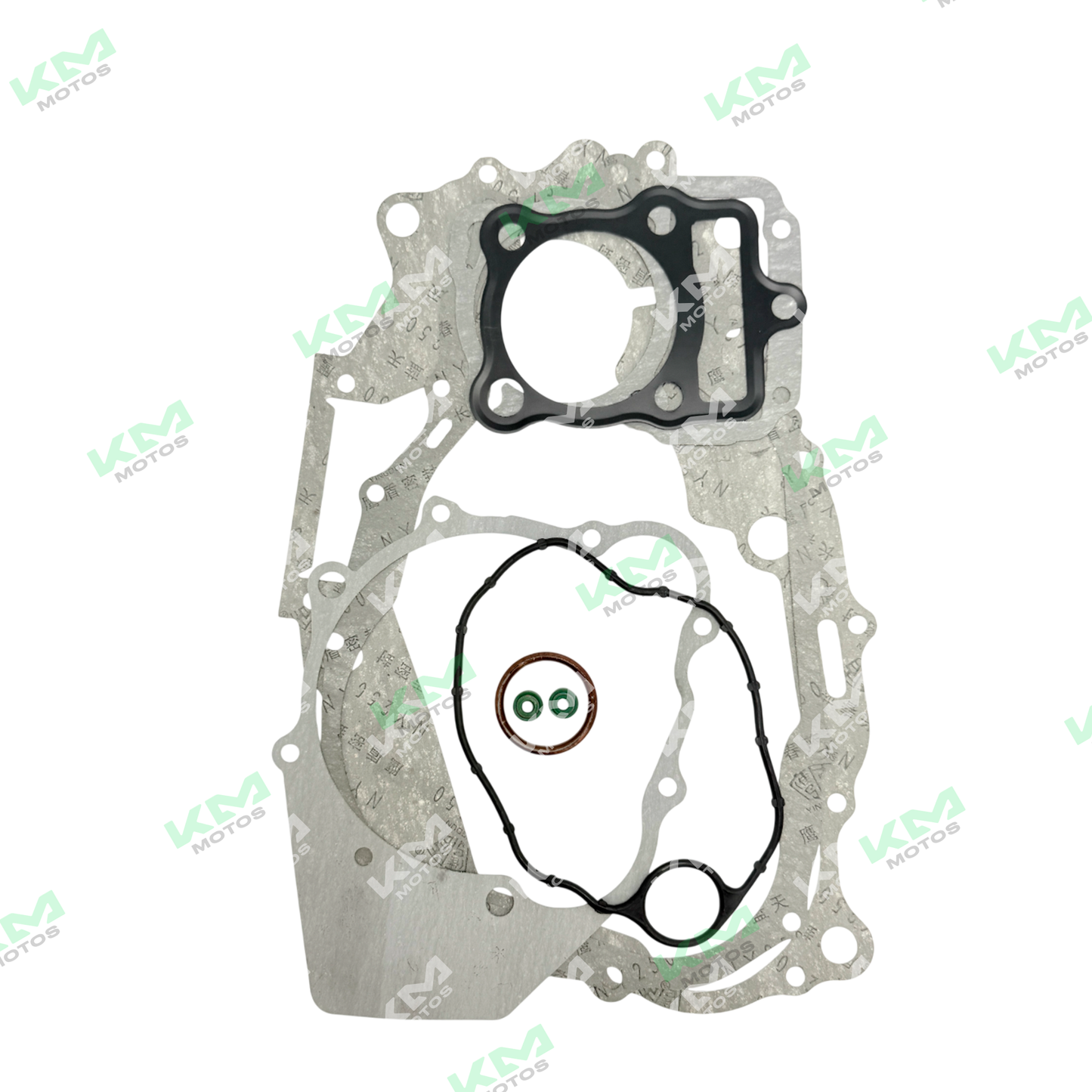 Kit de empaques para motor 149 cm3 FT150 2009/DM150, componentes visibles en la imagen, usado para sellar y proteger el motor.