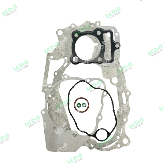 Kit de empaques para motor 149 cm3 FT150 2009/DM150, componentes visibles en la imagen, usado para sellar y proteger el motor.