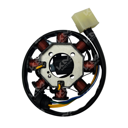 Estátor original para motos FT150, FT125, FT125 New Sport, FT125 Clásica y FT150GT, con componentes visibles.