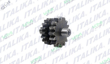 Engranaje Dual 2 para sistema de motor Italika DM200/TX200/FT200, componente original E12020027, en color metálico.