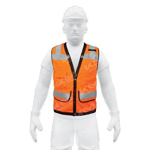 Chaleco reflectivo naranja tipo 1 de protección personal y accesorios, marca Universal, con material brillante y ajustable.