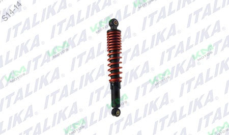 Amortiguador trasero naranja para motocicleta Italika 150Z, sistema de suspensión original F02020068, en color naranja brillante.