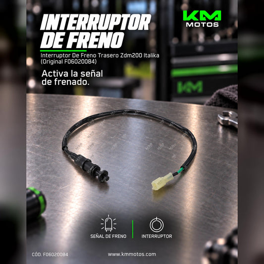 Interruptor de freno trasero original Italika ZDM200 para sistema de frenos, con código F06020084, en la imagen.