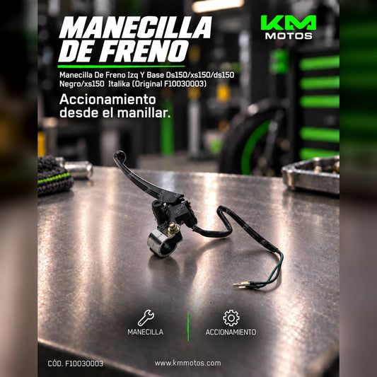 Manecilla de freno izquierda y base para motocicleta Italika DS150, color negro, parte del sistema de control original.