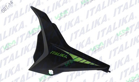 Cubierta lateral izquierda negra y verde para sistema de chasis Italika F13010962, modelo 150z, original.