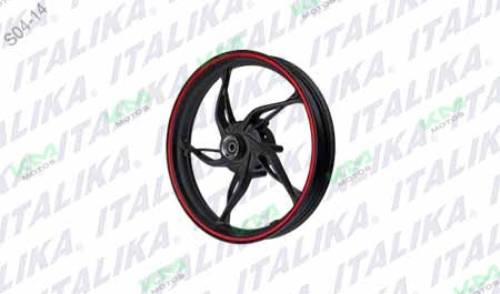 Rin del Negro con filo rojo para sistema de ruedas Italika, modelo F14020208, muestra detalles de la rueda y diseño original.