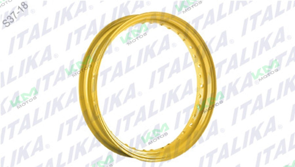 Aro de rin amarillo para sistema de ruedas Italika DM150, modelo F14030107, con detalles visibles en la imagen.