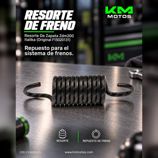Resorte de zapata Italika ZDM200 para sistema de chasis, pieza original F15020131, en color metálico, en vista detallada