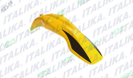 Guardafango delantero amarillo para Italika DM150, sistema de chasis original F16010167, en imagen con detalles visibles.