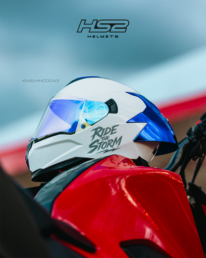 Casco integral HS2 Ride the Storm blanco con visera azul fotocromática, tamaño M, homologado ECE/DOT, vista frontal
