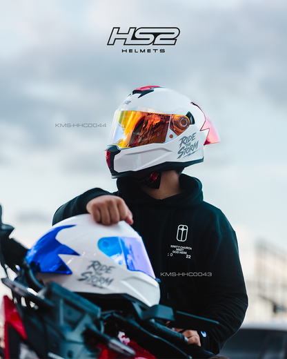 Casco integral HS2 Ride the Storm blanco con visera roja fotocromática, tamaño XXL, homologado ECE/DOT, protección y estilo.