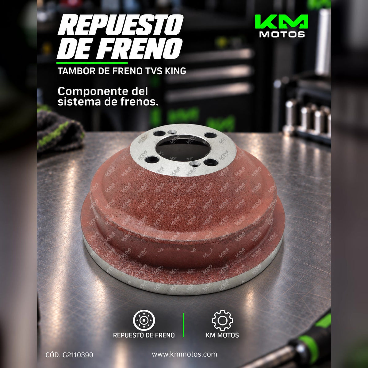 Tambor de freno KM Motos para TVS King, pieza de repuesto de alta calidad, visible en la imagen con detalles metálicos.