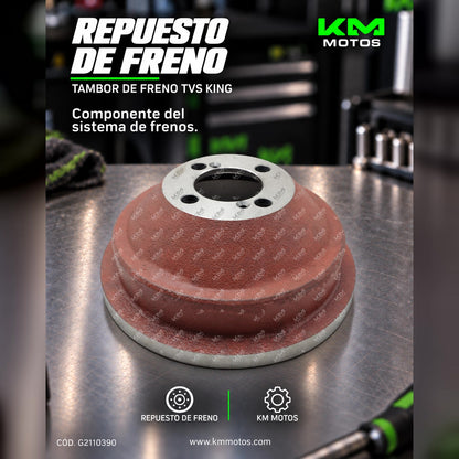 Tambor de freno KM Motos para TVS King, pieza de repuesto de alta calidad, visible en la imagen con detalles metálicos.
