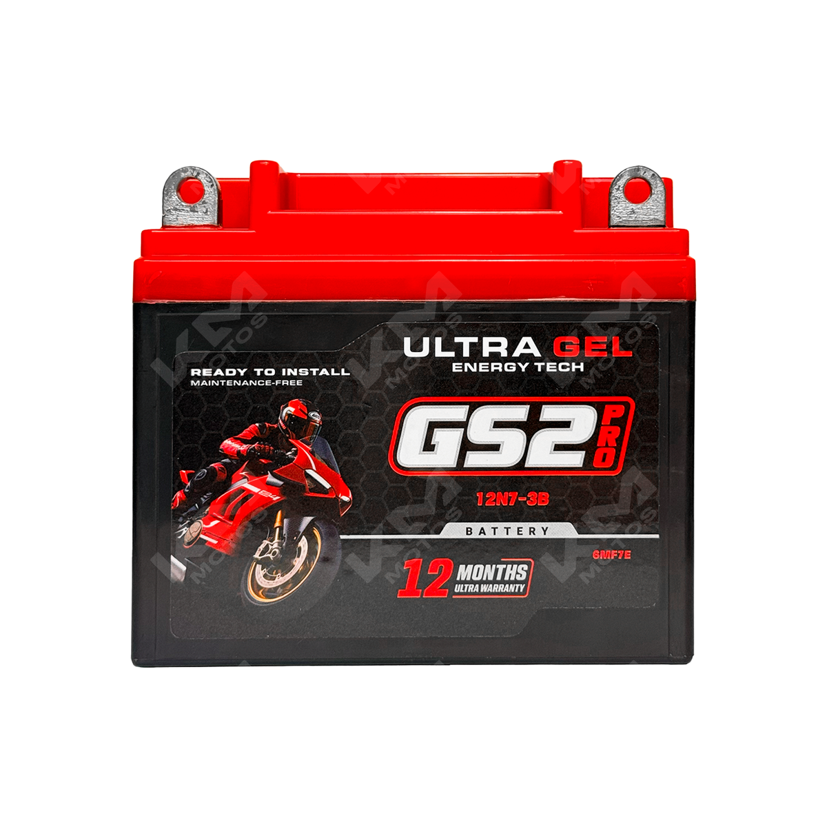 Batería de Ultra Gel 12N7-3B KMMOTOSHN, vista frontal de la batería con etiquetas y terminales en la imagen.