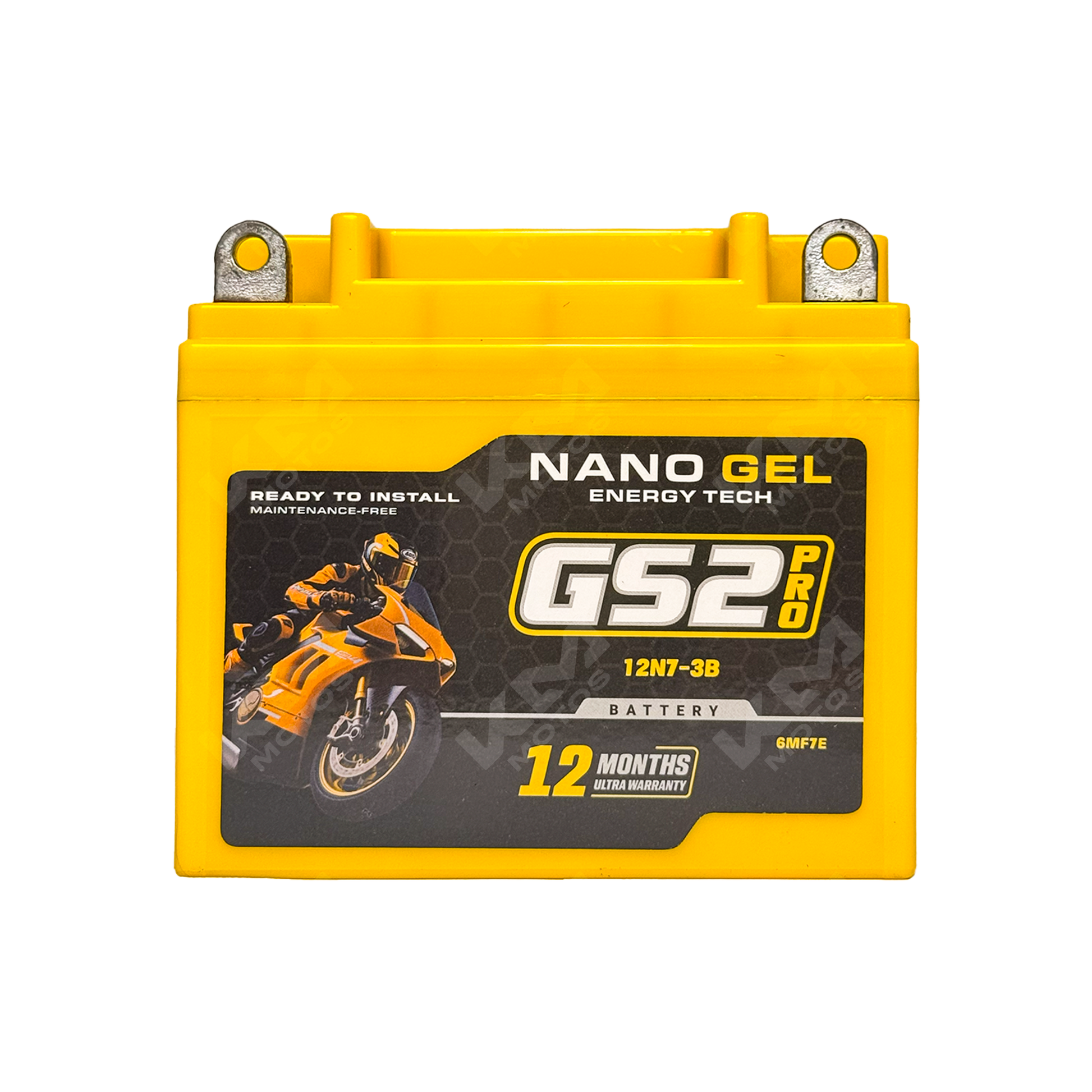 Batería de Nano Gel 12N7-3B GS2 de KMMOTOSHN, vista frontal con terminales y etiqueta en fondo blanco