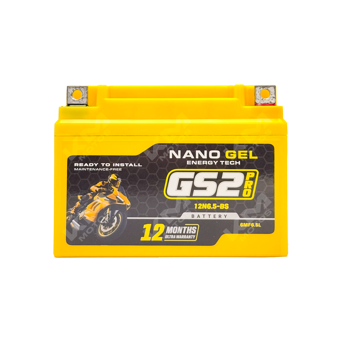Batería de nano gel GS2 12N6.5-BS de la marca KMMOTOSHN, con terminales y diseño compacto para vehículos.