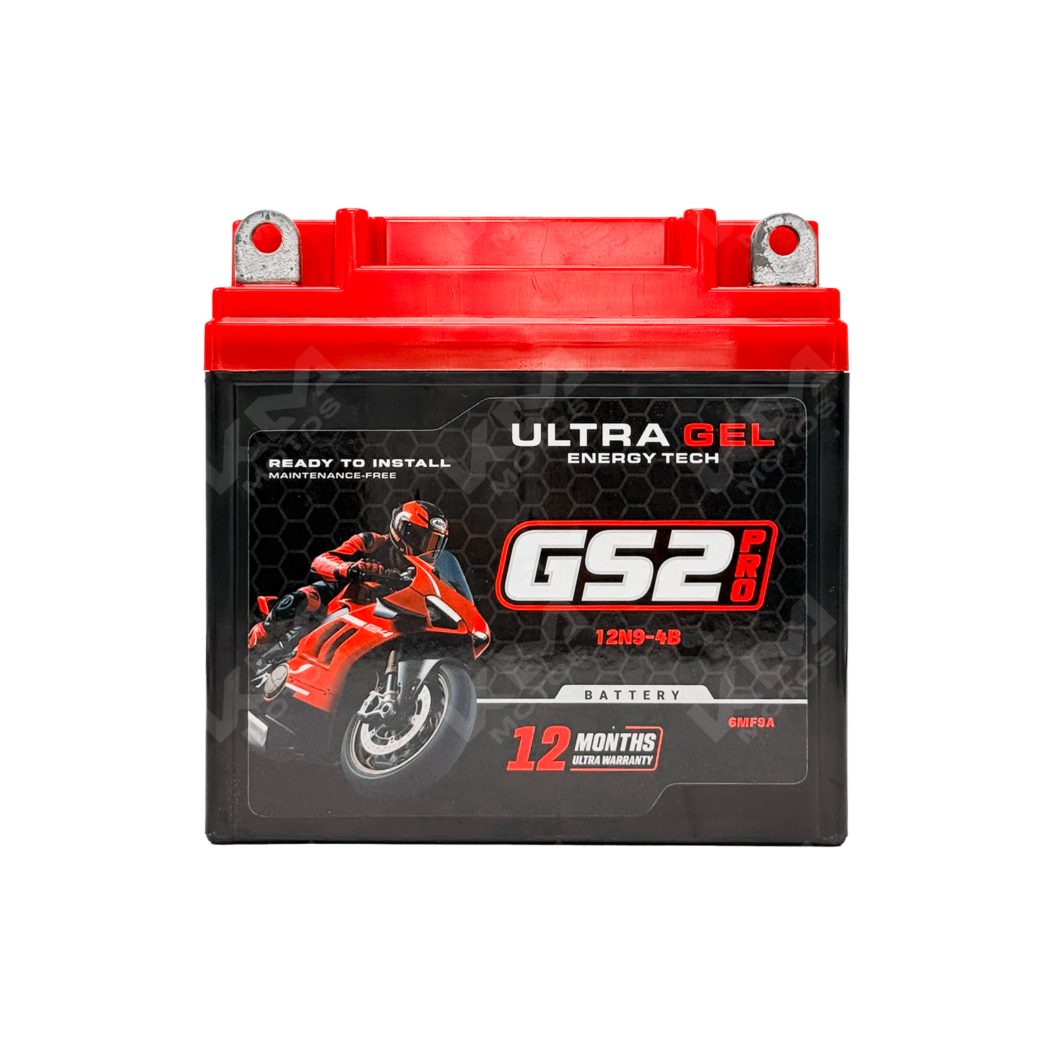 Batería de Ultra Gel 12N9-4B GS2 de la marca KMMOTOSHN, vista frontal con terminales y etiqueta visible.