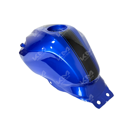 Tanque de combustible KMS para Italika 150SZ en color negro y azul, vista frontal con detalles del diseño.