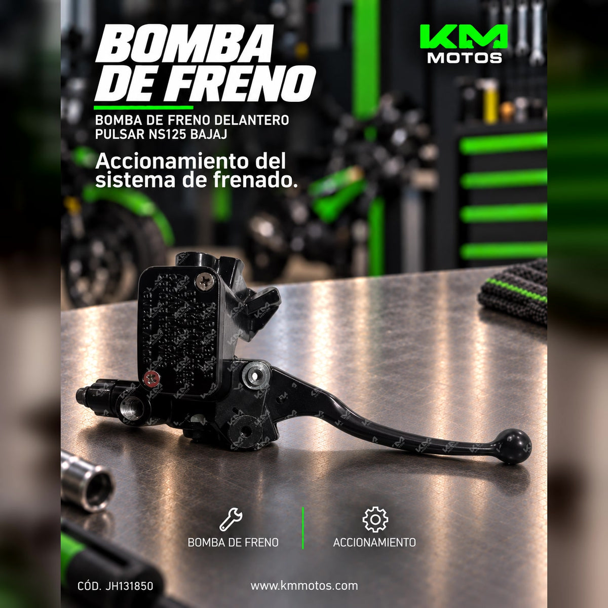 Bomba de freno delantera para Pulsar NS125 de Bajaj, marca KMMOTOSHN, mostrando la pieza en uso en una motocicleta.