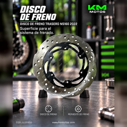 Disco de freno trasero para NS160 2022 de Bajaj, muestra el disco de freno metálico con orificios de ventilación.