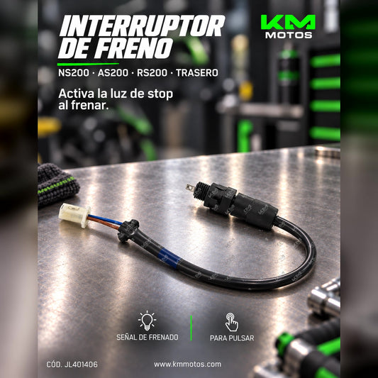 Interruptor de freno trasero para Pulsar NS200, AS200 y RS200, mandos de marca KM Motos en imagen.