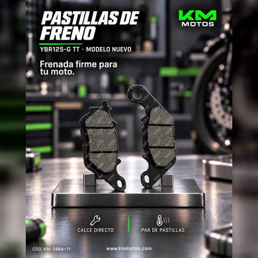 Pastillas de freno KMS para YBR125-G TT, modelo nuevo, mostrando las pastillas de freno en la imagen.