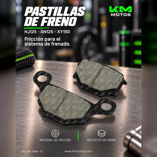 Pastilla de freno Kms para HJ125, GN125 y XY150, muestra la pastilla de freno de color negro y su estructura metálica.