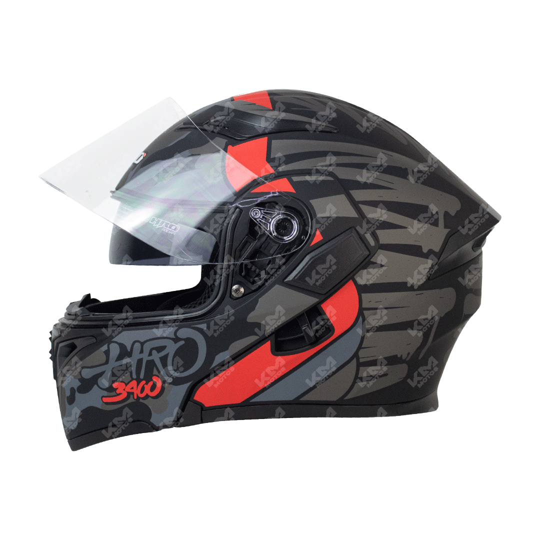 Casco modular negro con detalles rojos de la marca HRO, estilo moderno y ventilado, en la imagen KM-ABC0095.