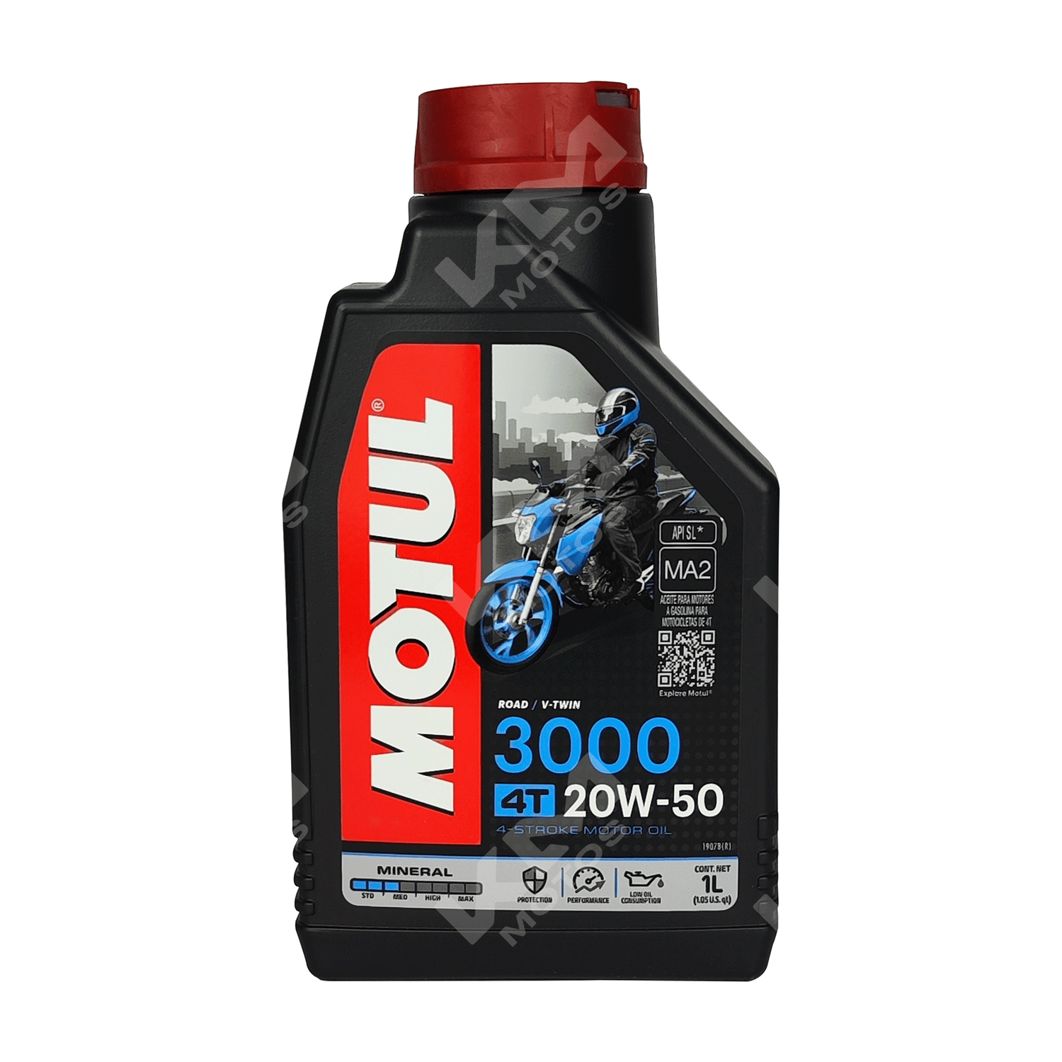 Aceite Motul 3000 20W50 de KM Motos, envase con aceite para motor, color dorado y etiqueta visible.