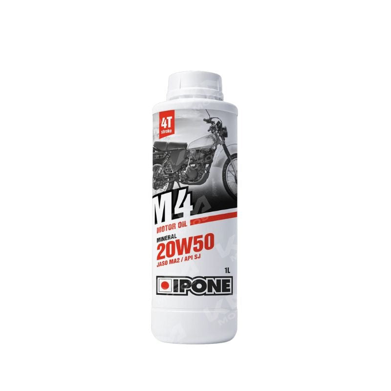 Aceite mineral 20W50 4T Ipone Universal, envase de aceite para motocicletas, con botella y etiquetas visibles.