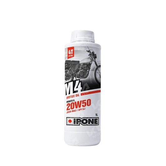 Aceite mineral 20W50 4T Ipone Universal, envase de aceite para motocicletas, con botella y etiquetas visibles.