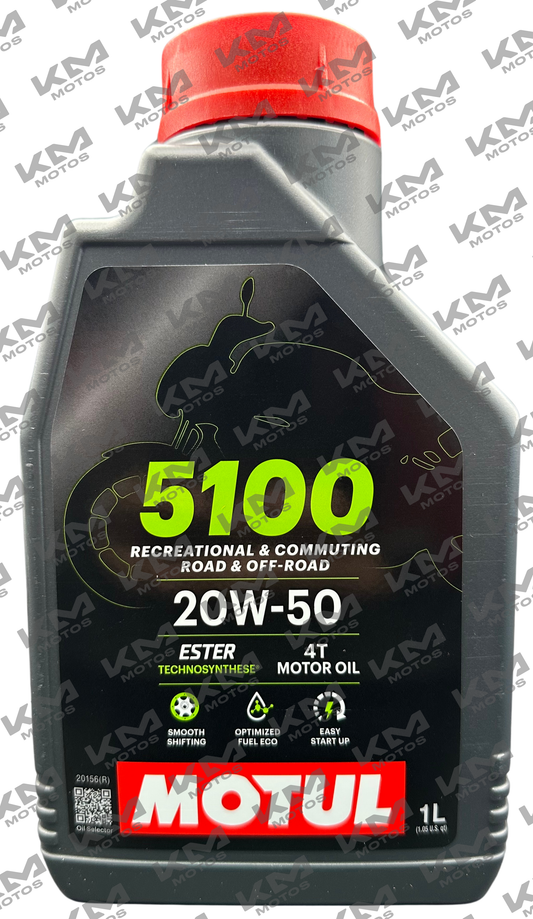 Aceite 20W50 4T Motul 5100 en envase de color dorado y negro, ideal para motocicletas y motores de cuatro tiempos.